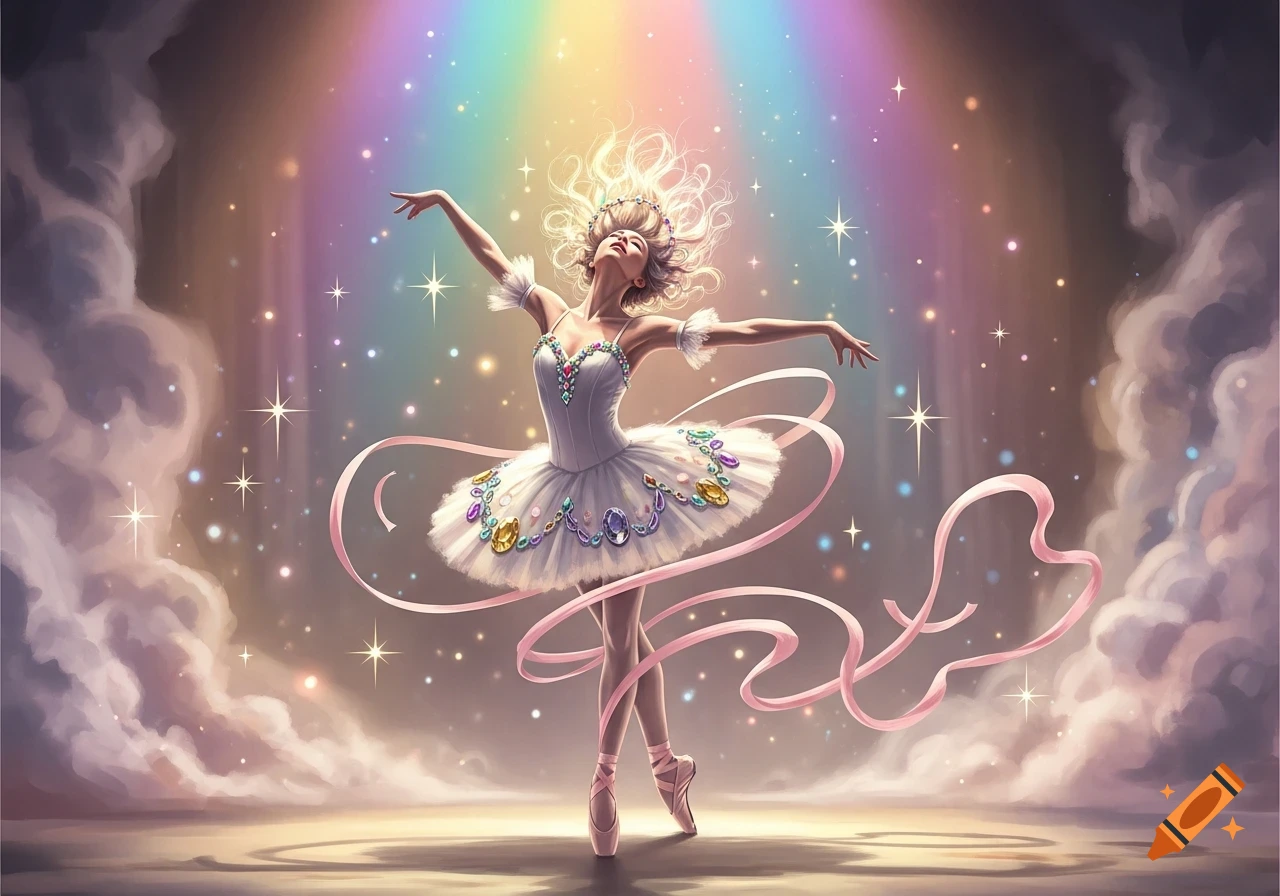 A vibrant illustration of a ballerina dancing under a rainbow light with sparkling ribbons and clouds.