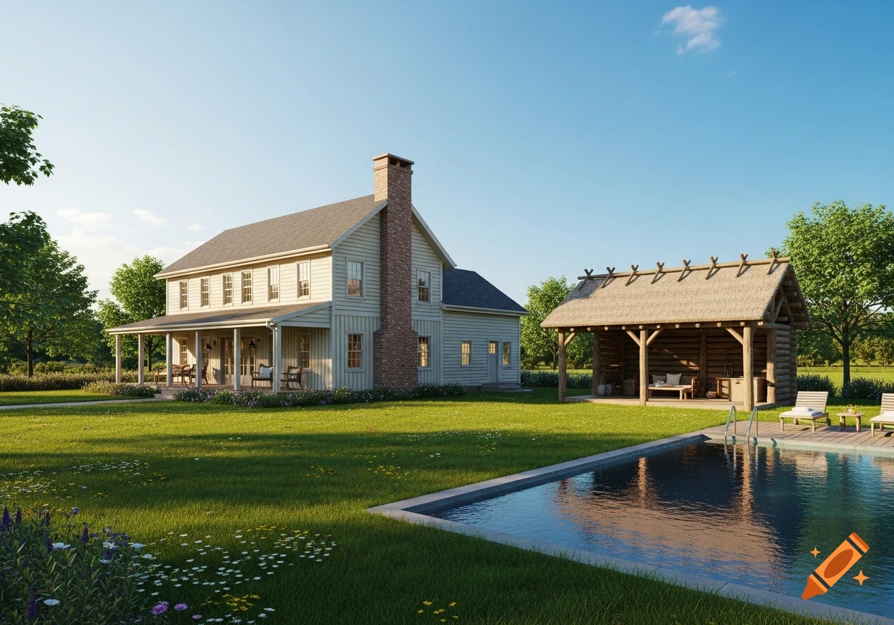 A photorealistic two-story country house with a porch, a thatched-roof pavilion, a green lawn, and a swimming pool under a blue sky.