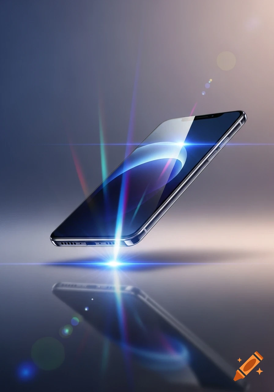 A sleek, dark smartphone with a reflective screen floats above a glossy surface, surrounded by blue and purple light beams and lens flares.