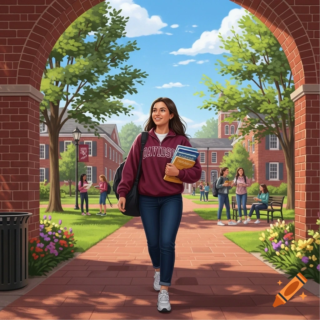 A female college student walks on a brick path under an archway, carrying books and wearing a Davidson sweatshirt on a sunny campus.