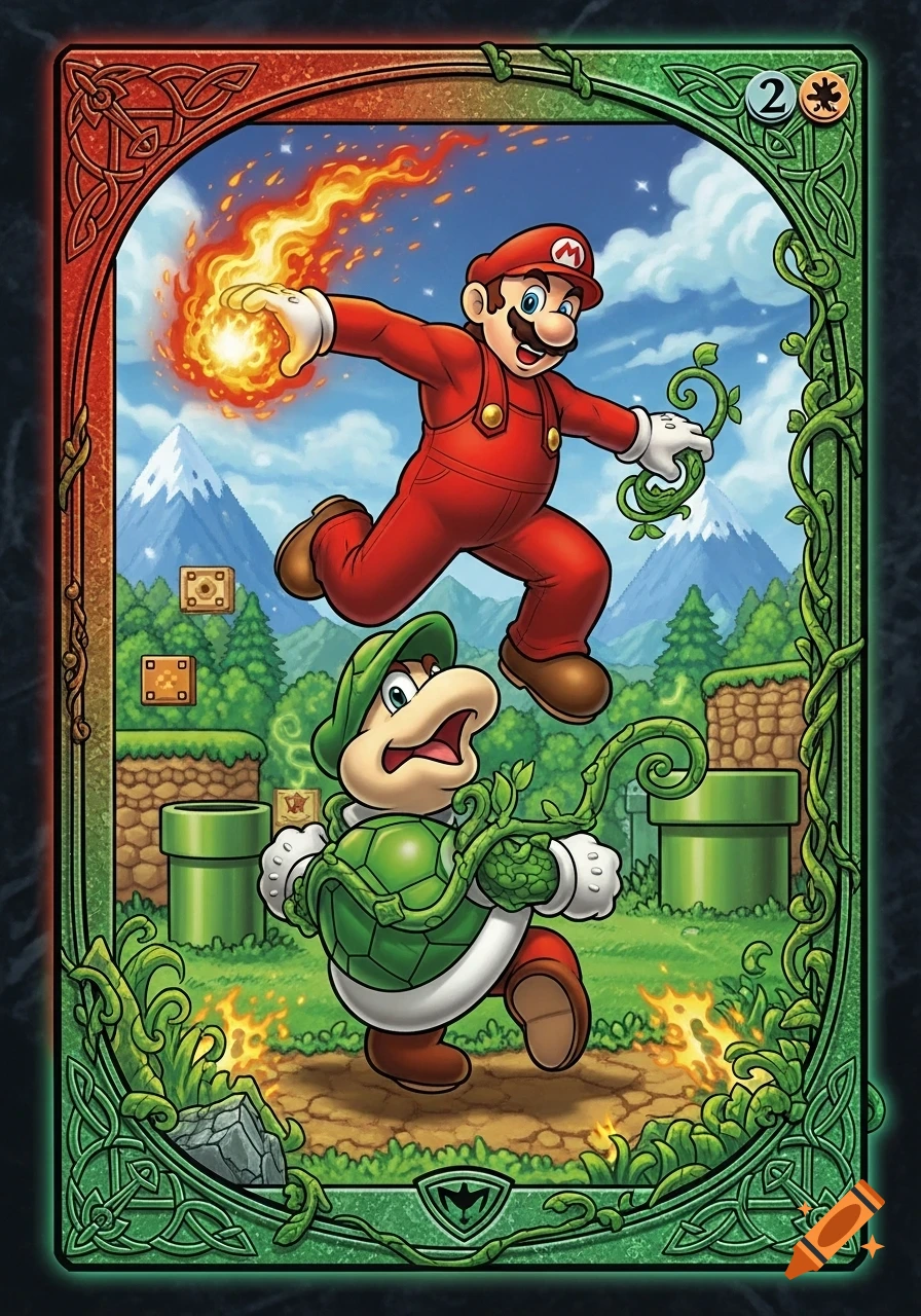 Mario casts fire and a Koopa Troopa is wrapped in vines on a Magic the Gathering card with Celtic borders.