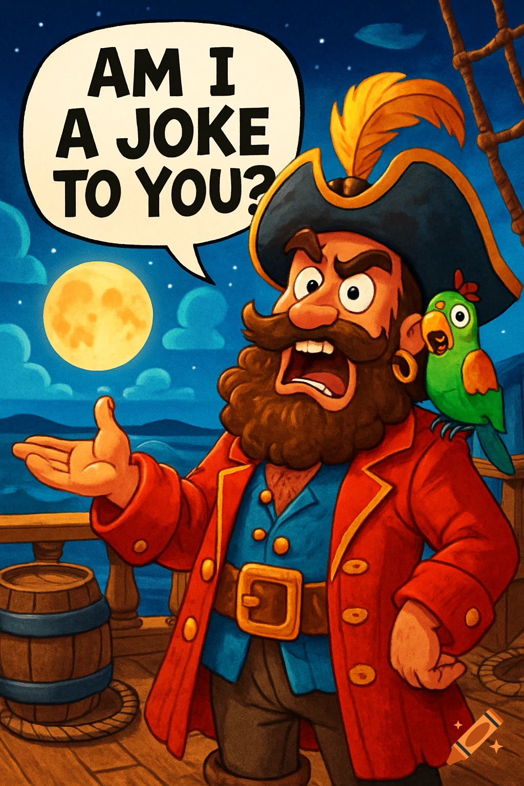 Cartoon pirate yelling 'AM I A JOKE TO YOU?' with a parrot on his shoulder on a ship deck at night, with a full moon.