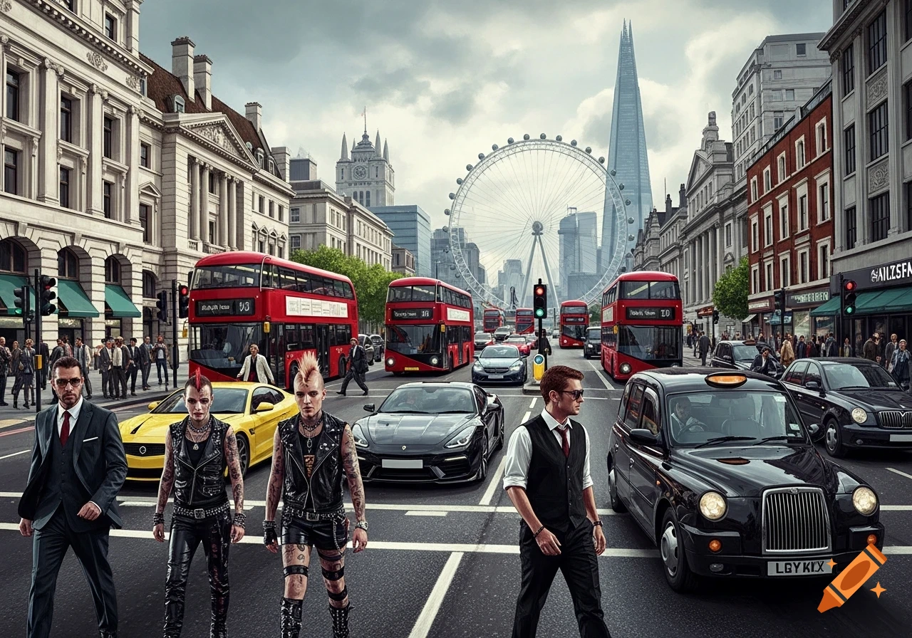 A busy London street scene with red double-decker buses, black taxis, and modern cars. Several people, including two men in suits and two punks, cross the street. Iconic London landmarks like the London Eye and The Shard are visible in the background under a cloudy sky.