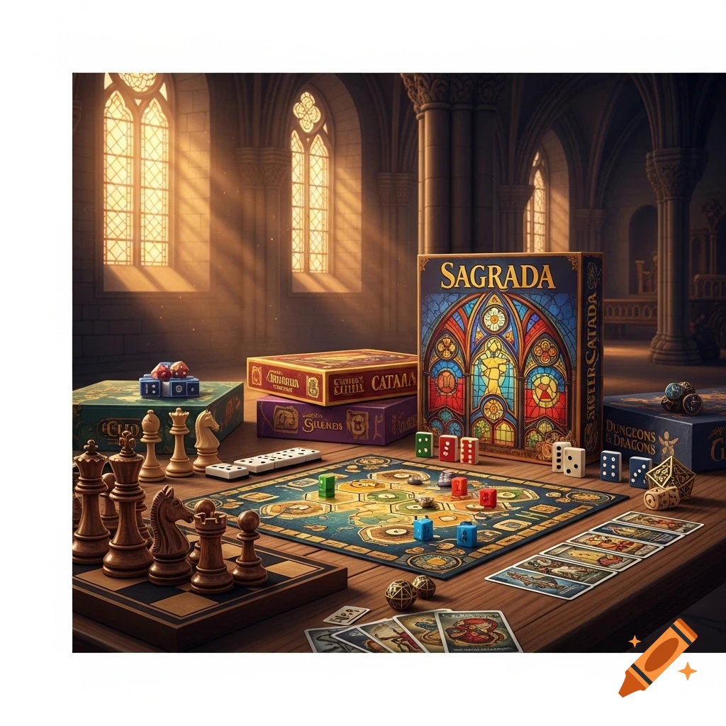 A variety of board games including Sagrada, Catan, chess, and D&D on a wooden table in a sunlit cathedral.