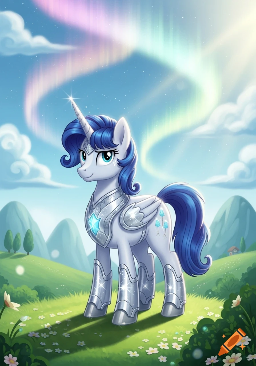 A white unicorn with a blue mane and tail, wearing silver armor, stands in a green field under a sky with a colorful aurora.