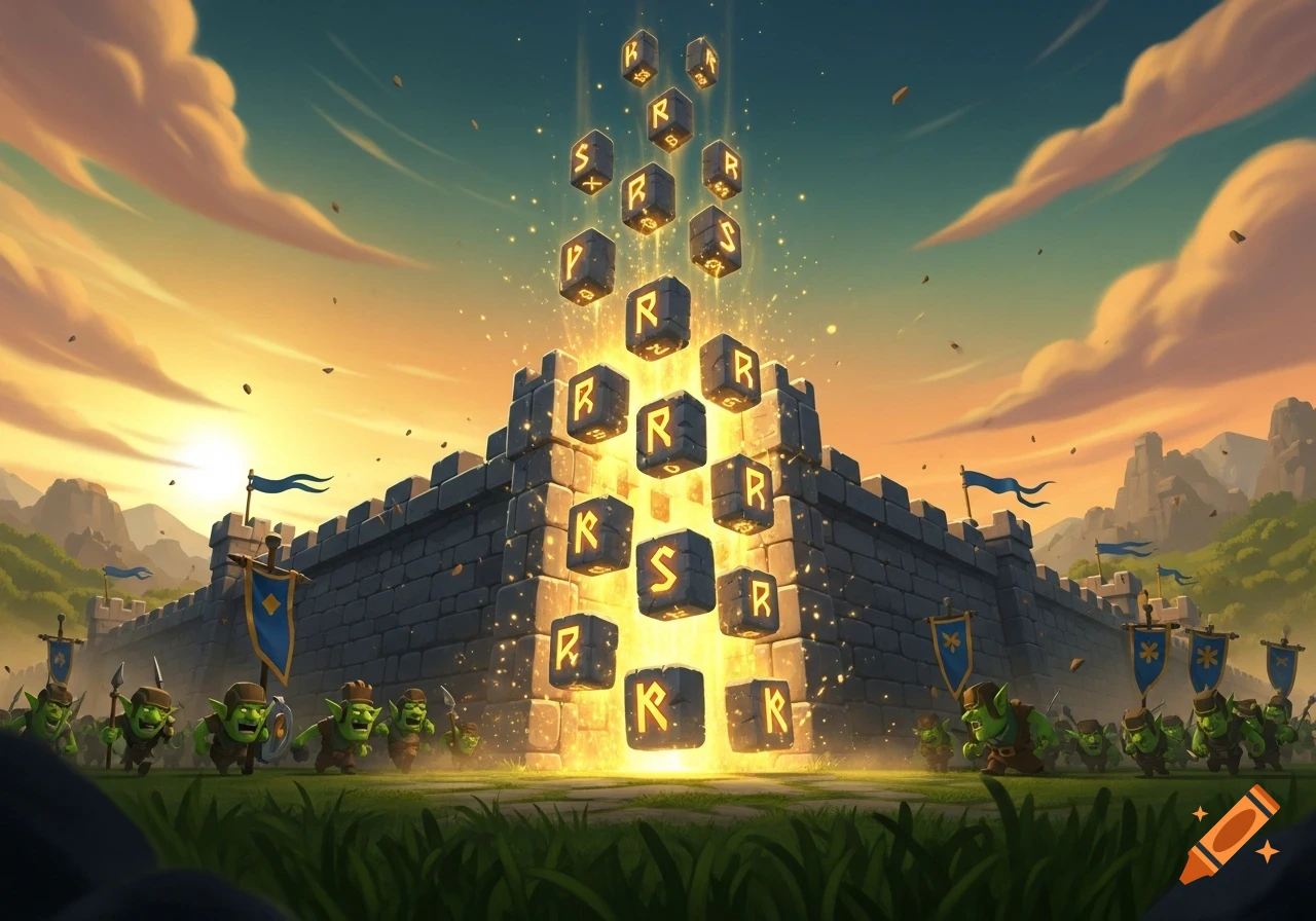 Fantasy scene with green goblins marching towards a castle wall, from which glowing runes ('R', 'S', 'K') emerge at sunset.