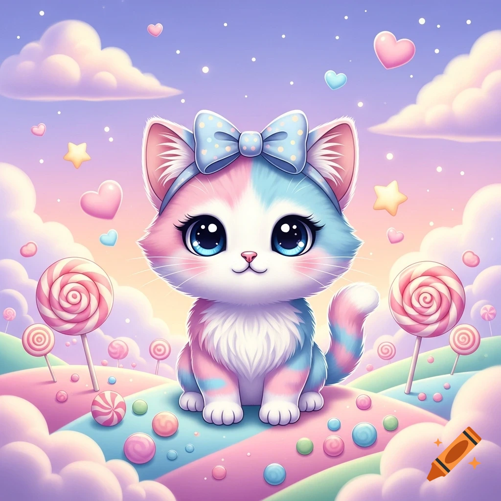 A cute, pastel pink and blue cartoon cat wearing a polka dot bow sits in a whimsical candy land with lollipops and sweet treats.