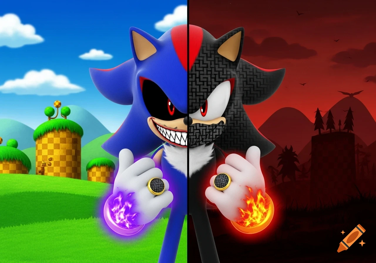 Stylized split image of Shadow the Hedgehog: left side sinister blue in Green Hill Zone, right side textured dark in an eerie landscape, with glowing hands.