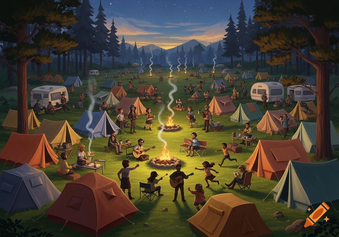 An illustration of a large, lively campsite at night, with many people around tents and campfires in a forest clearing.