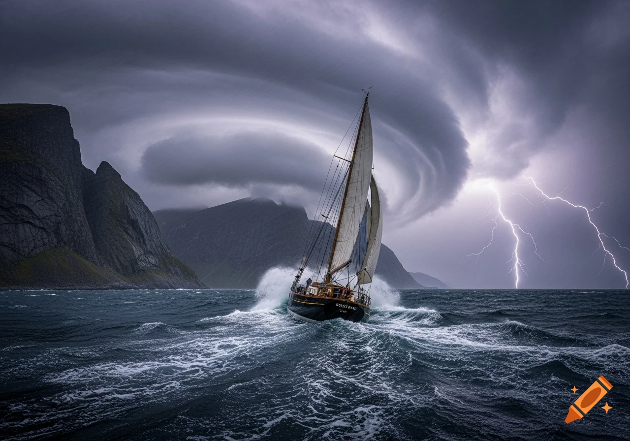 A photorealistic sailing boat battles huge waves during a dramatic storm with lightning and dark swirling clouds along a rugged coast.