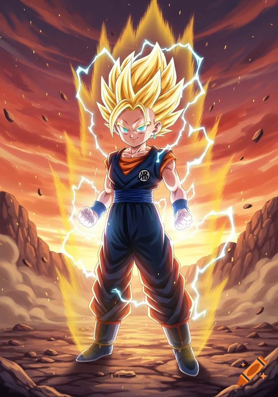 Anime style Super Saiyan child with blonde hair and lightning aura, stands in a rocky landscape under a sunset sky.