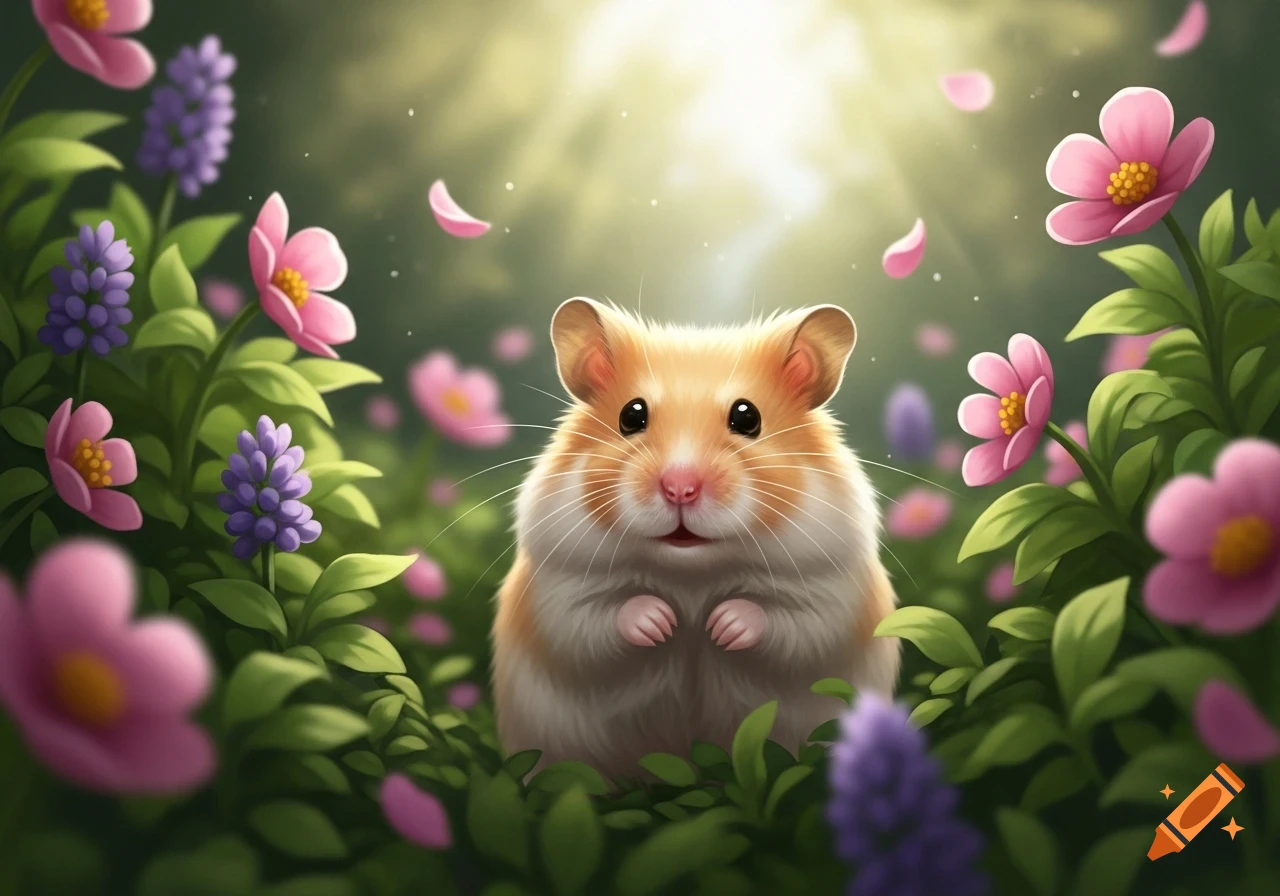 A fluffy, cute hamster peers from among vibrant pink and purple flowers under a sunny sky, rendered in a bright illustration style.