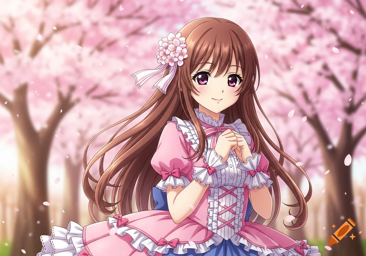 Anime girl with long brown hair, dark pink eyes, wearing a pink and blue ruffled dress, standing among cherry blossoms.