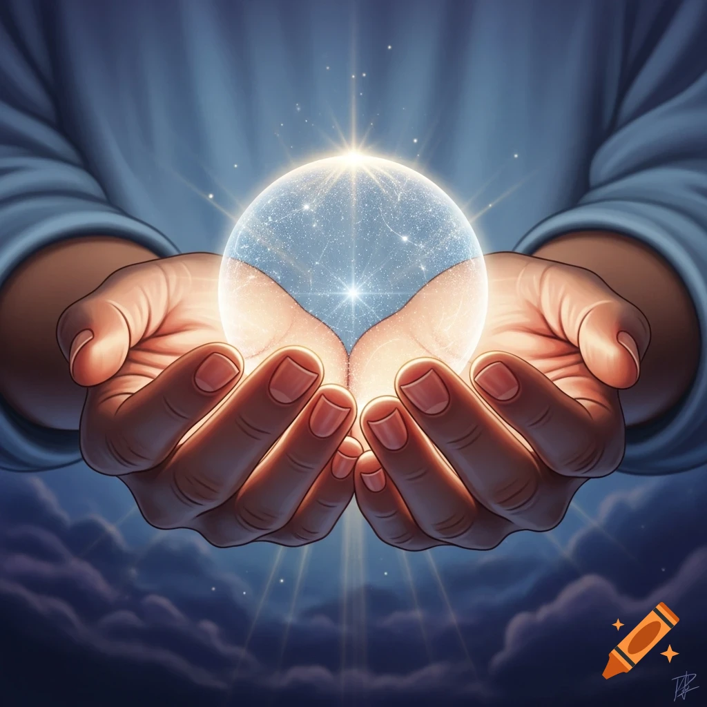 An illustration of cupped hands holding a glowing, celestial orb against a dark, cloudy sky.