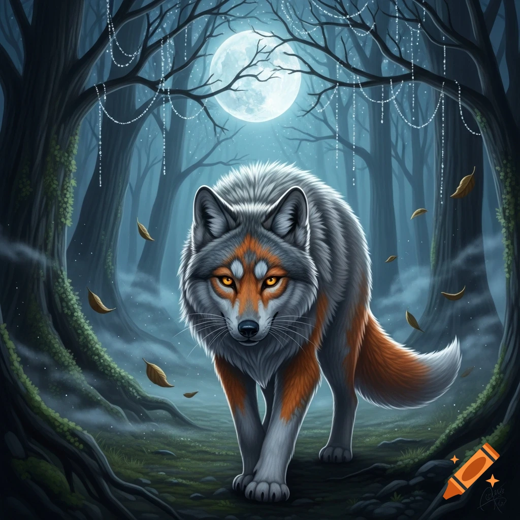 A stylized wolf with orange and grey fur walks through a dark, mystical forest under a full moon, depicted in a fantasy art style.
