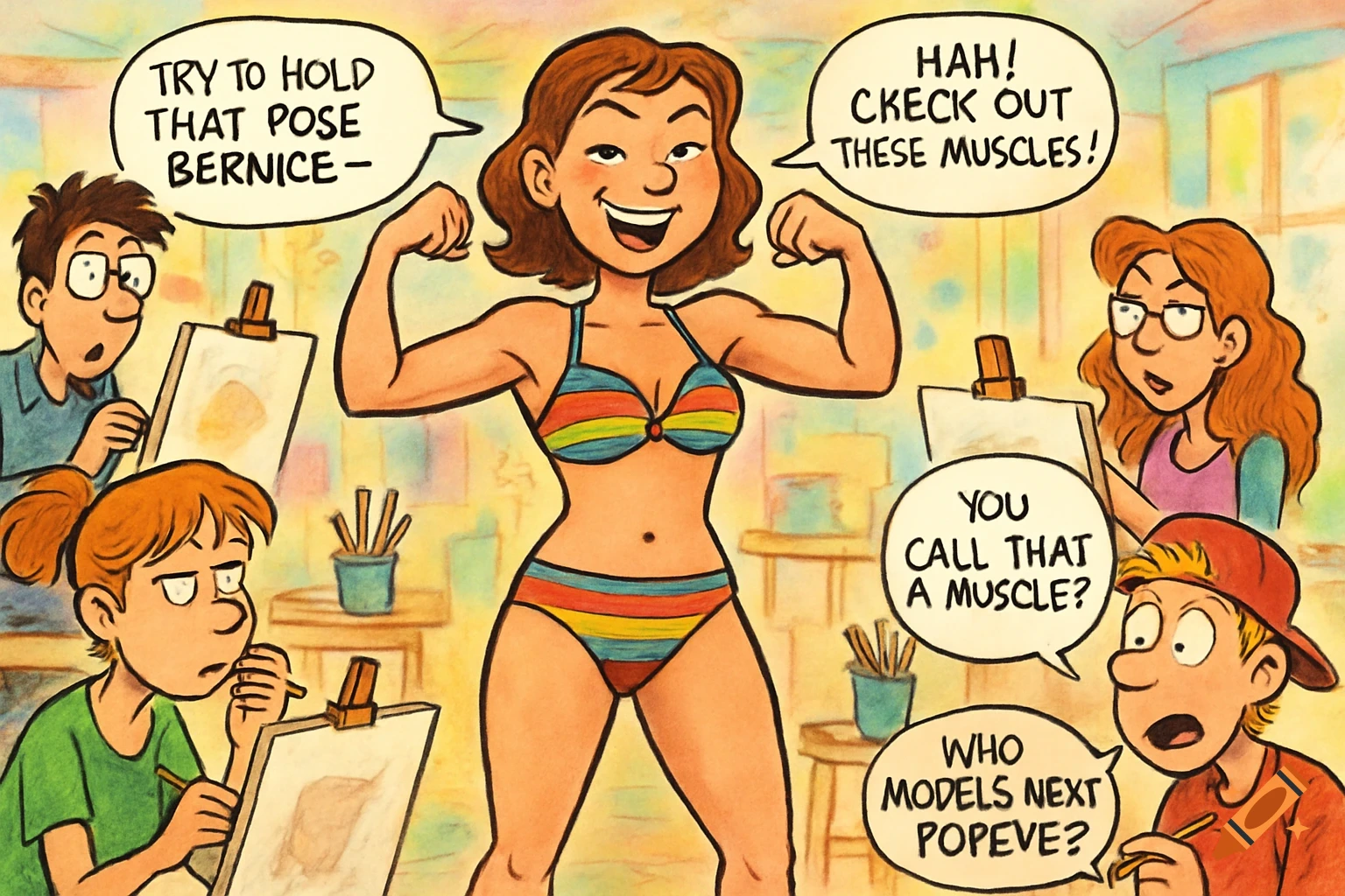 A cartoon comic strip depicts a woman in a striped bikini flexing her arm muscles as students in an art class draw her.
