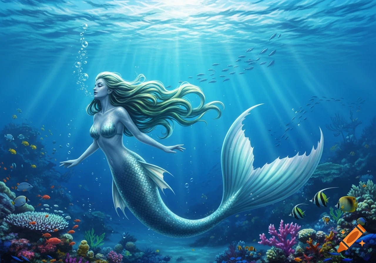 A blue-skinned mermaid with long blonde hair swims in a vibrant coral reef, looking up towards sunlight streaming through clear blue water.