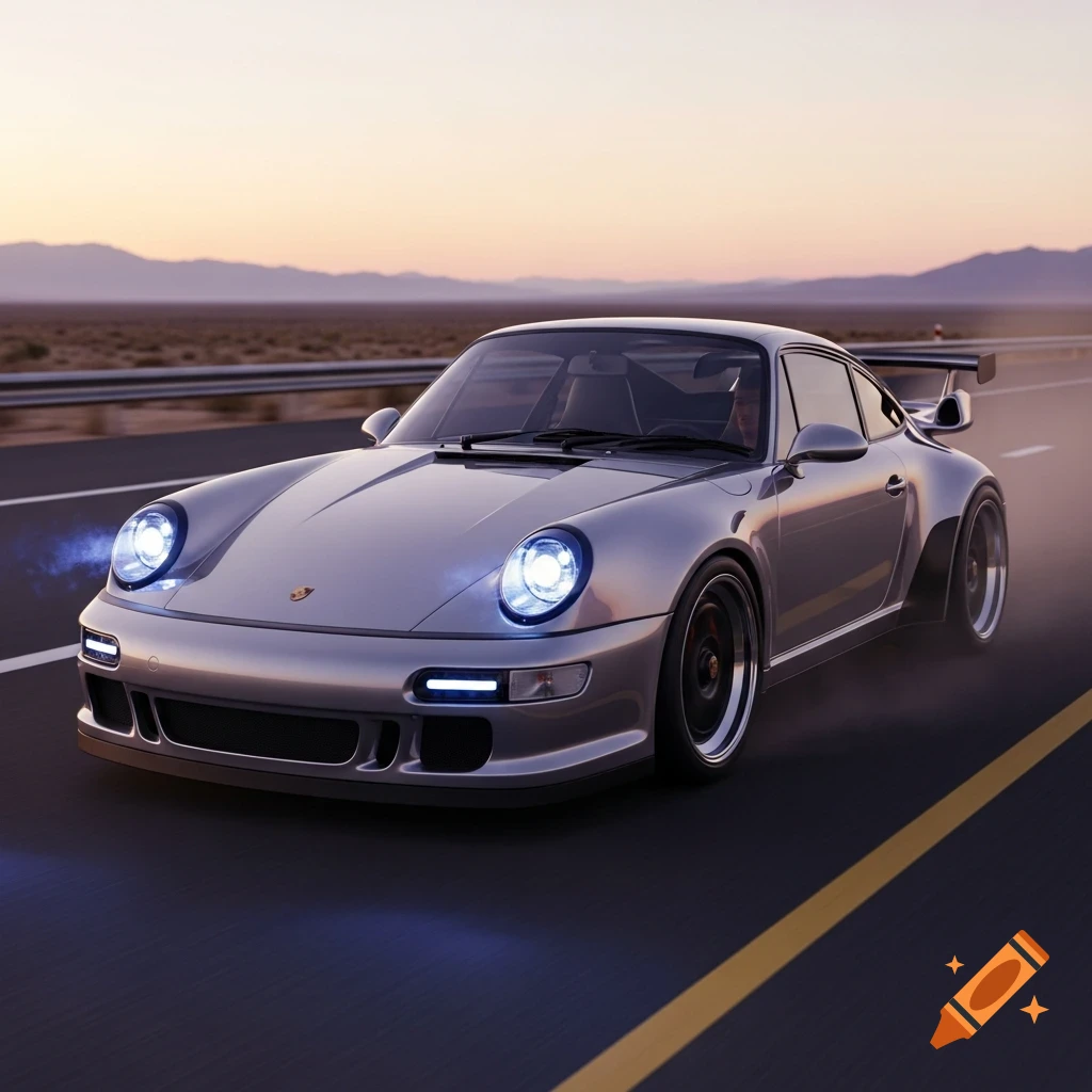 Photorealistic silver Porsche 911 on a desert highway at sunset.