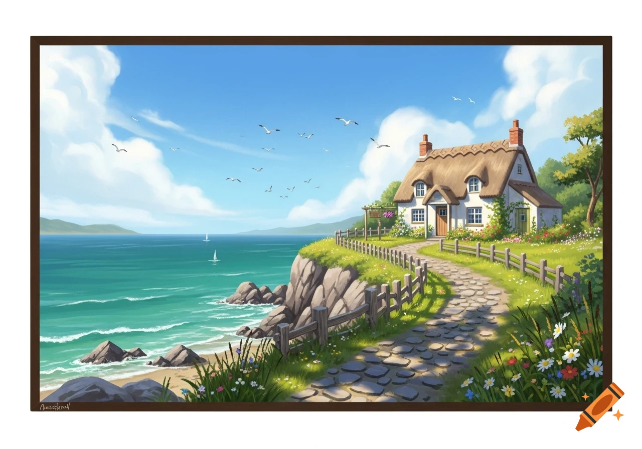 Colorful illustration of a charming thatched-roof cottage on a cliff overlooking a blue sea with sailboats, a beach, and a stone path.