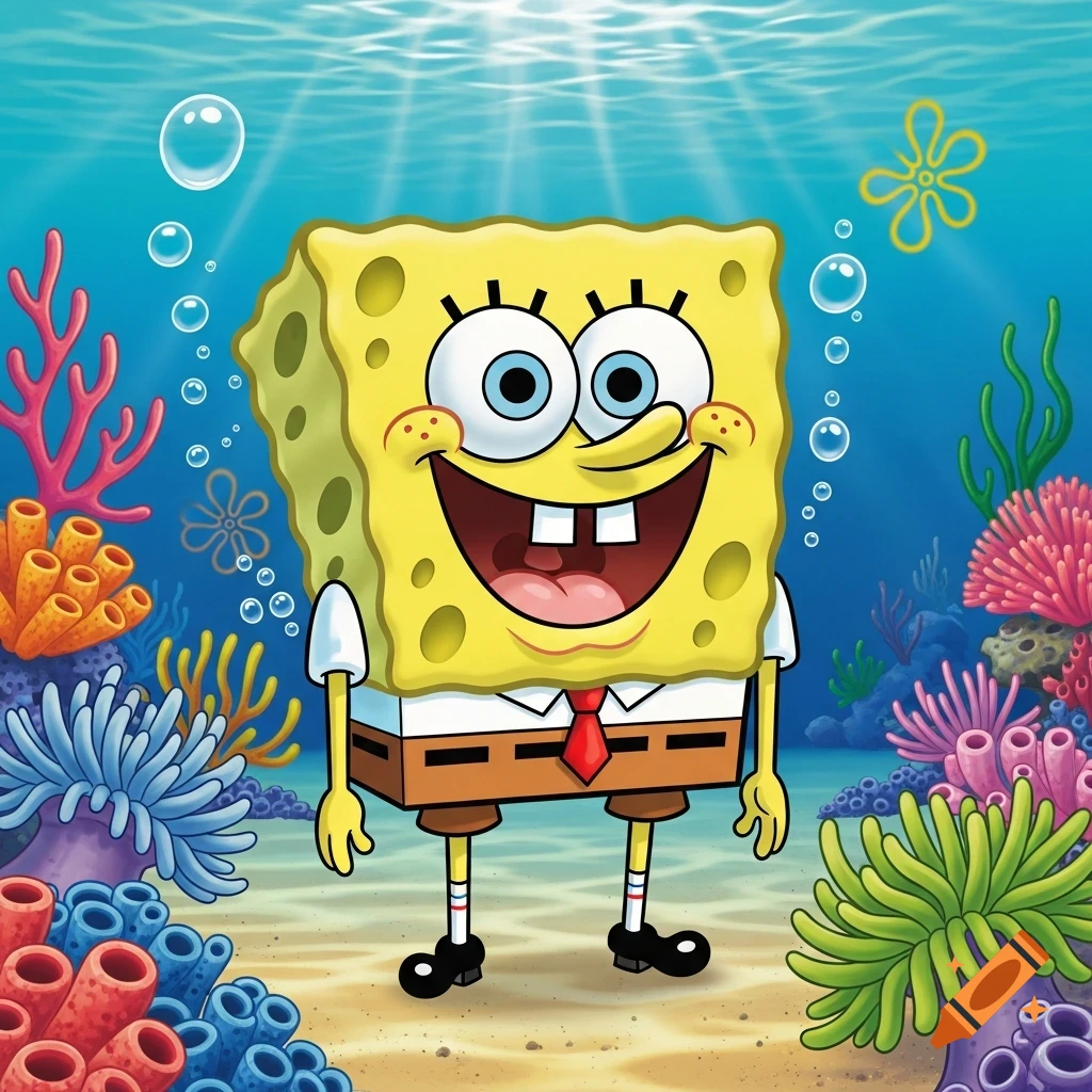 SpongeBob SquarePants smiling broadly underwater amidst colorful coral and sea anemones in a vibrant cartoon style.