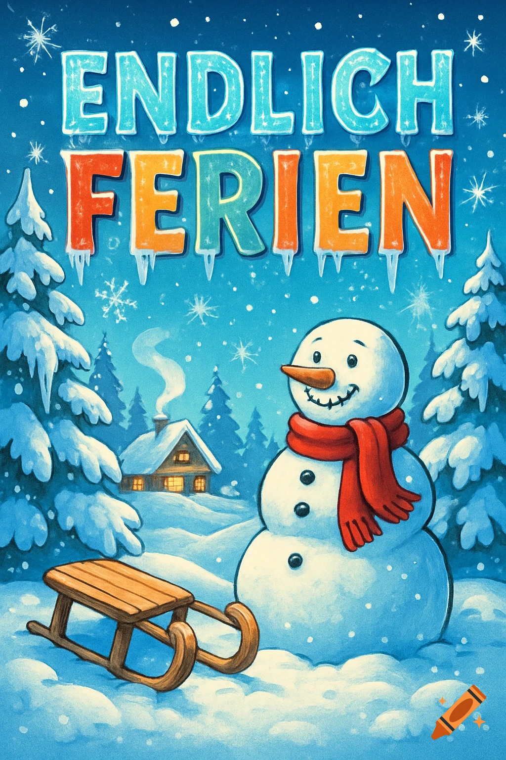 Illustration of a happy snowman, a cozy cabin, a wooden sled, and snow-covered pine trees under a starry winter sky, with the text "ENDLICH FERIEN" (Finally Holidays).