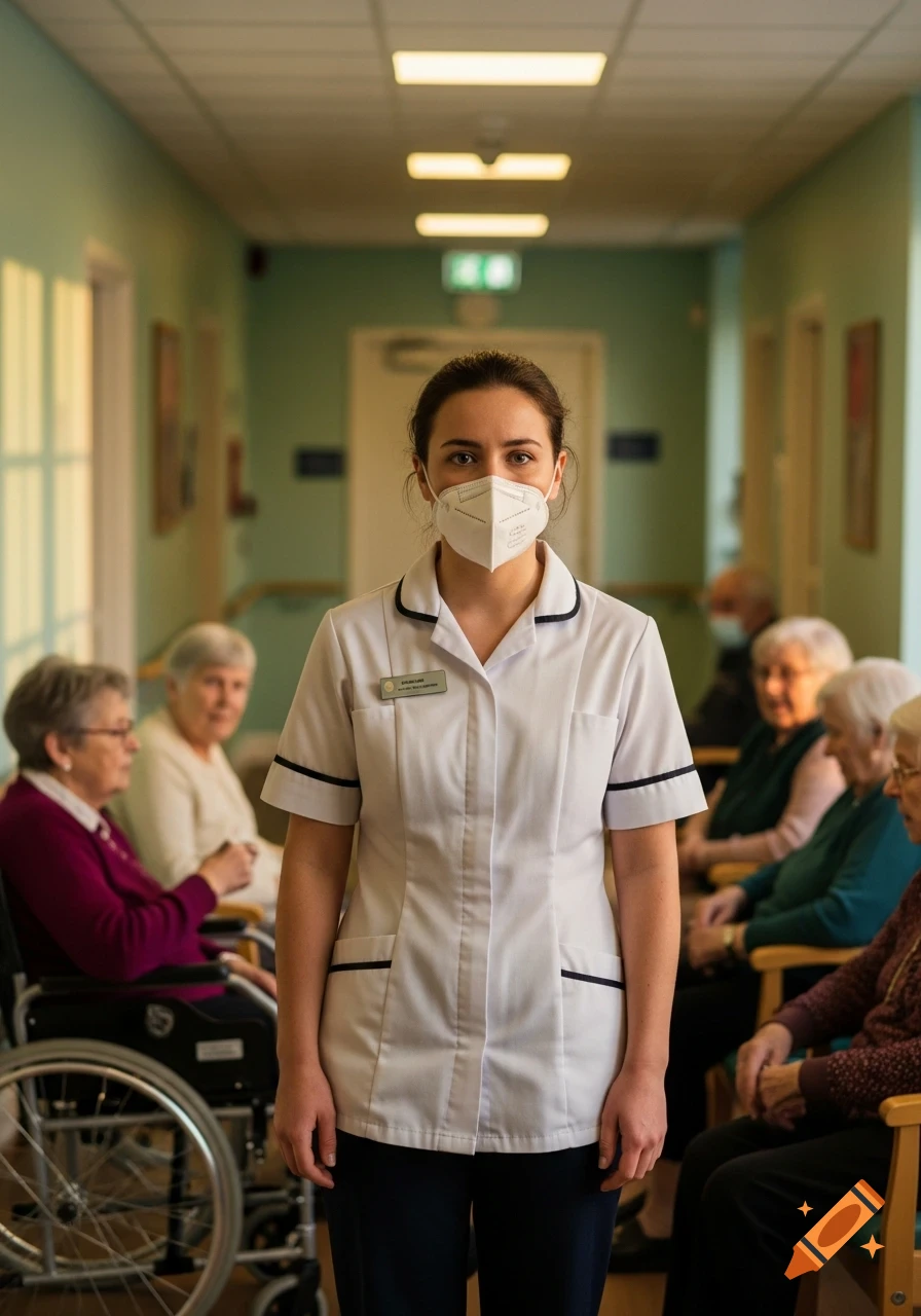 A nurse in a white uniform and FFP2 mask stands in a brightly lit hallway of a nursing home, with elderly patients seated in the background.
