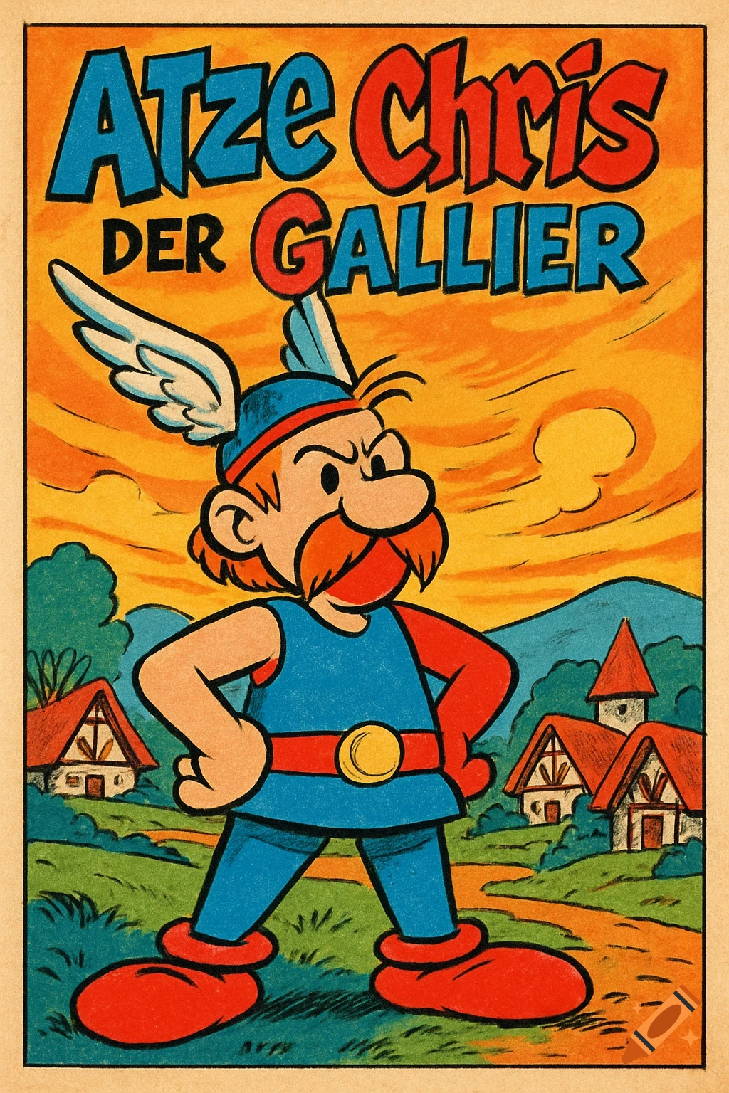 A vintage comic book style poster with a character resembling Asterix, wearing a winged helmet and red mustache, standing in a landscape, titled "Atze Chris DER GALLIER".