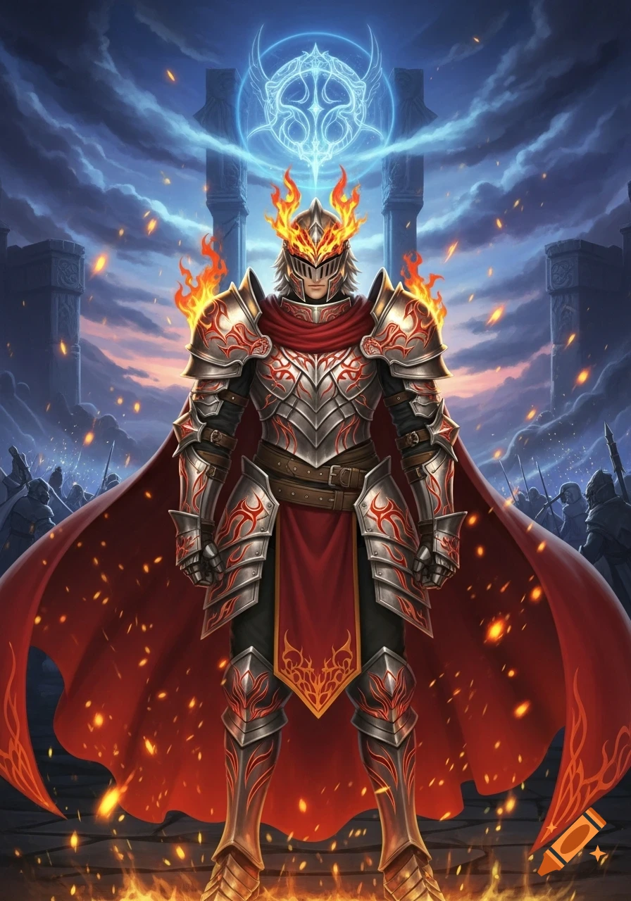 A fiery knight in ornate silver and red armor stands defiantly under a glowing blue symbol against a twilight sky.