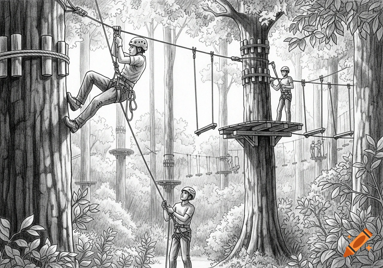 Detailed black-and-white pencil drawing of people navigating a tree-top climbing park in a forest.