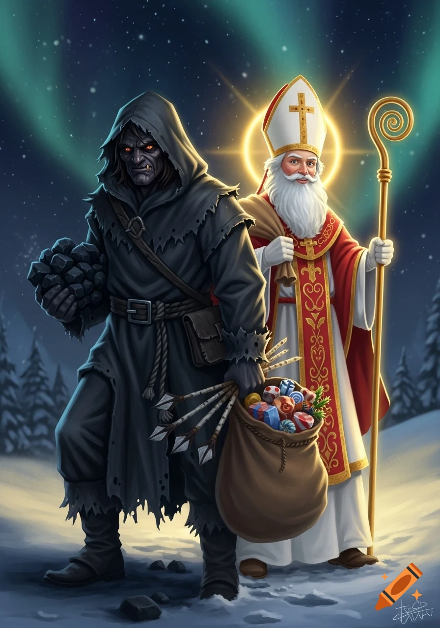 Illustrated St. Nicholas with gifts and a staff next to a dark, hooded Knecht Ruprecht with coal and arrows in a snowy night with aurora borealis.
