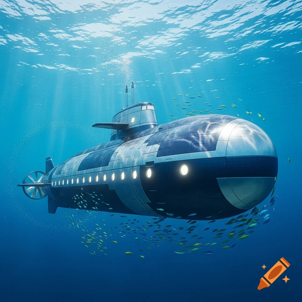 A modern, sleek submarine submerged in clear blue ocean water, illuminated by sun rays and surrounded by small fish.