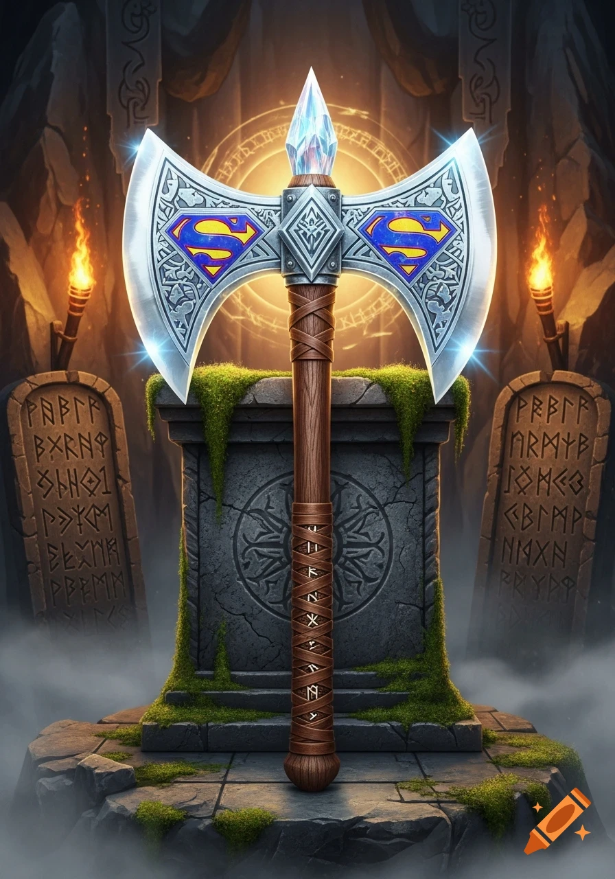 A glowing fantasy double axe with crystal details and Superman logos on its blades rests on a mossy stone altar amidst runic tablets and torches.