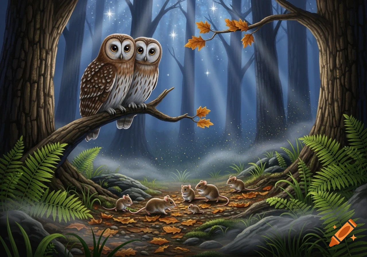 Two cartoon owls perch on a branch in a magical, starry forest as ...