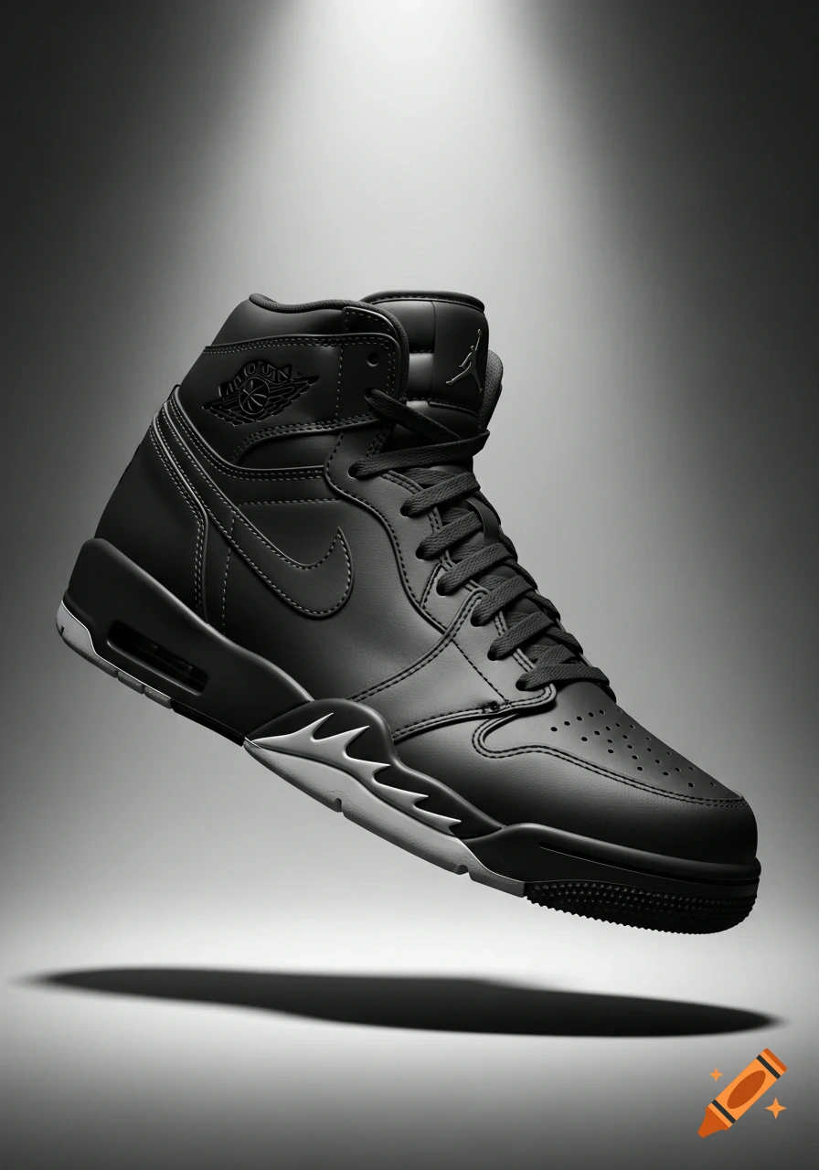 A single black high-top sneaker with a white and gray sole floats in a spotlight against a dark background, with prominent Jordan logos.