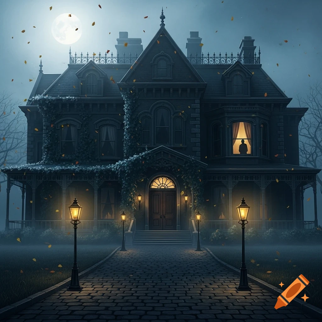 A dark, spooky gothic manor with a lone silhouette in a lit window, under a full moon with falling autumn leaves.