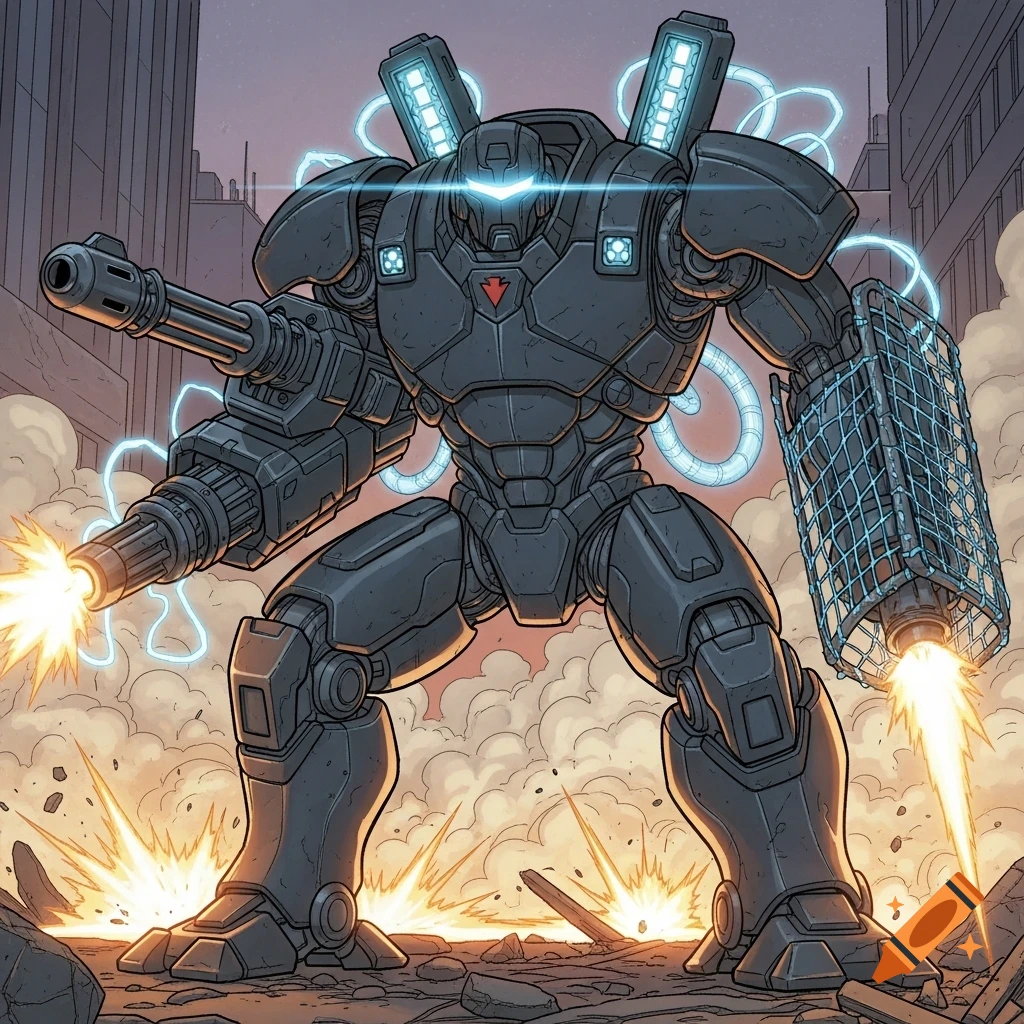 A comic-style matte-black exo-mech fires a cannon in an urban battlefield with explosions and smoke.