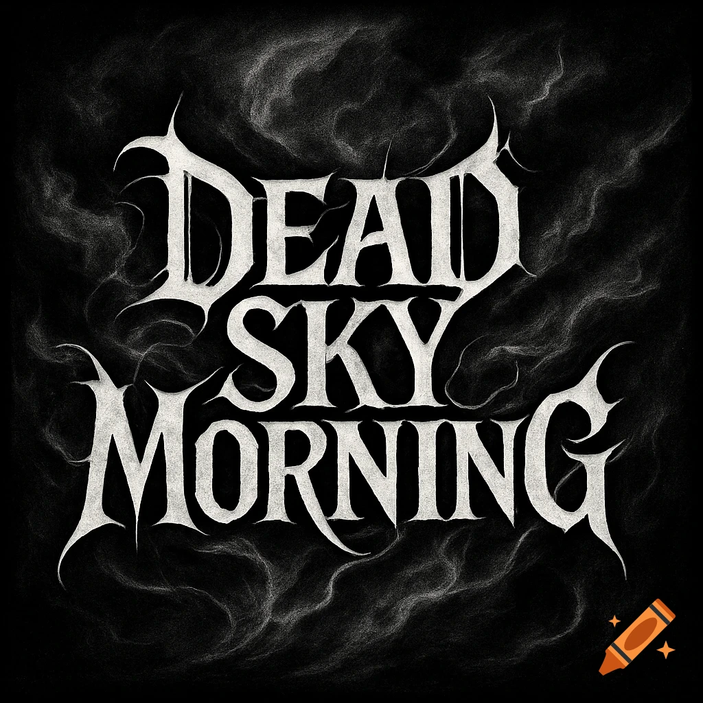 Black and white doom metal logo for 'Dead Sky Morning' with jagged, textured lettering and smoky background.