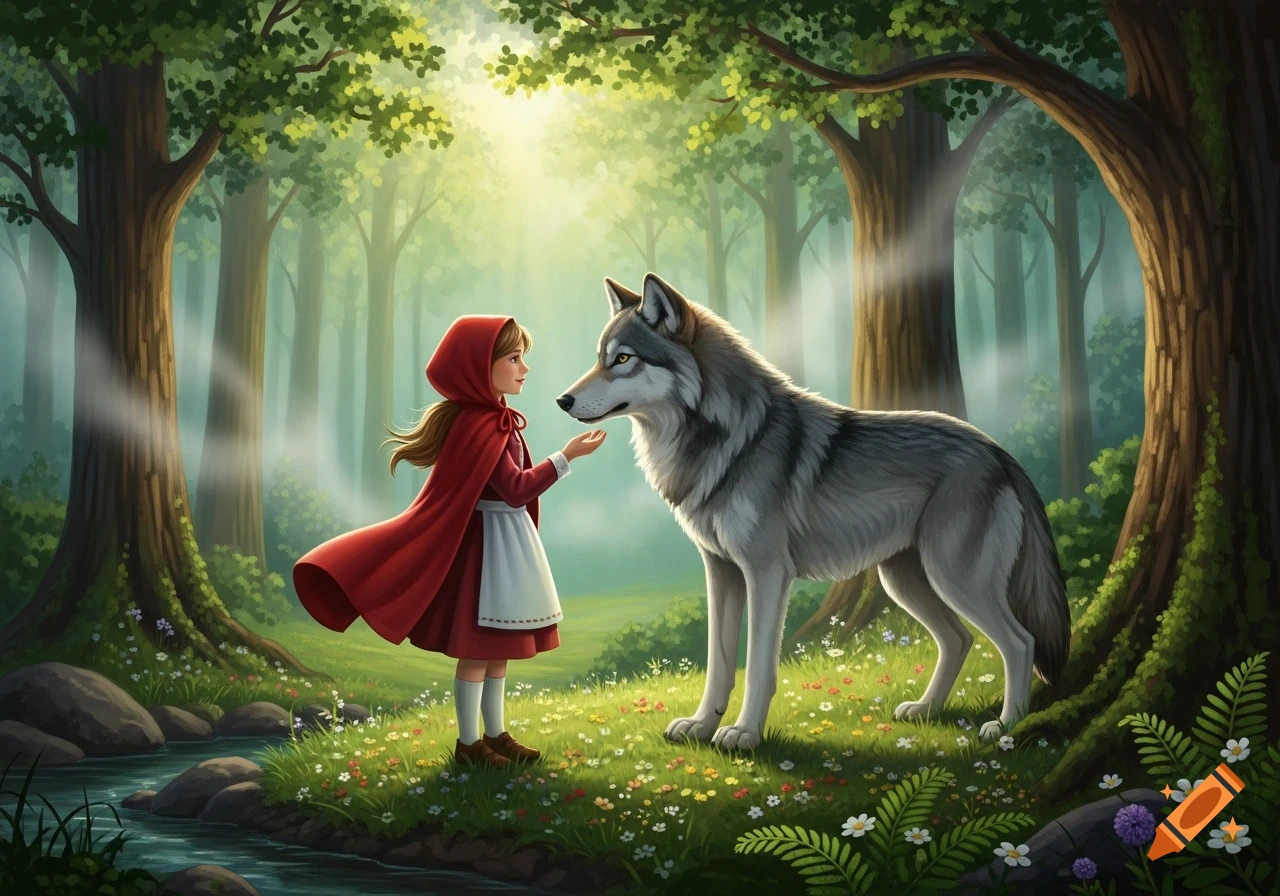 Little Red Riding Hood in a red cloak gently interacting with a grey wolf in a sunlit, vibrant green forest illustration.