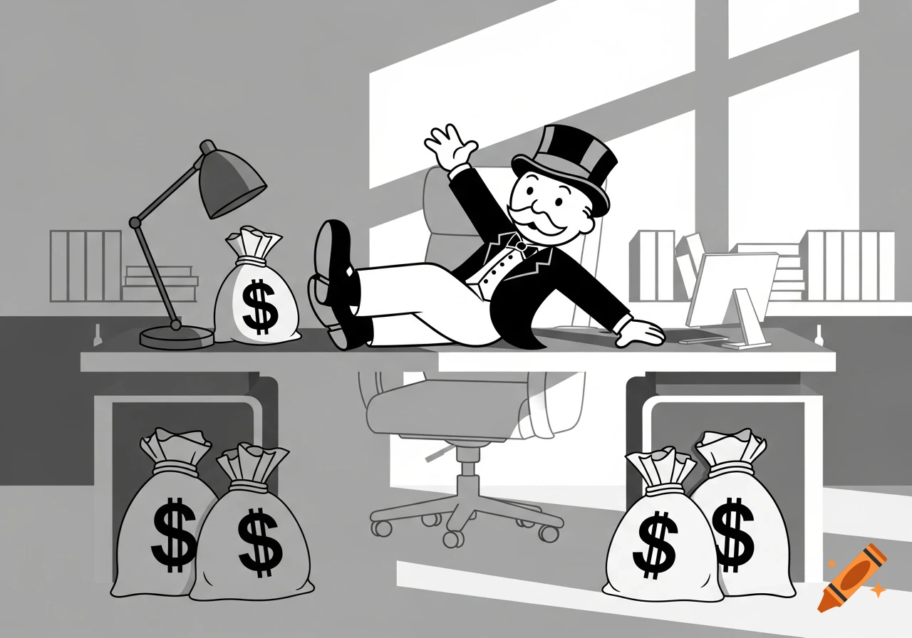 A black and white cartoon of the Monopoly man lounging on an executive desk, surrounded by money bags, in an office.