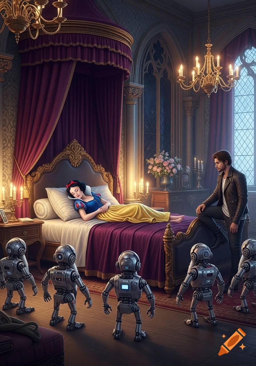 Snow White sleeps in an ornate bed while a man sits beside her and several small robots stand on the floor.