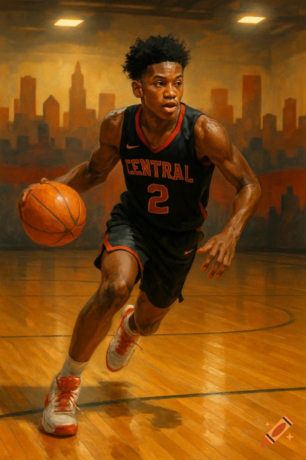 Digital art of a young male basketball player in a black 'CENTRAL 2' uniform dribbling on a court with a city skyline.