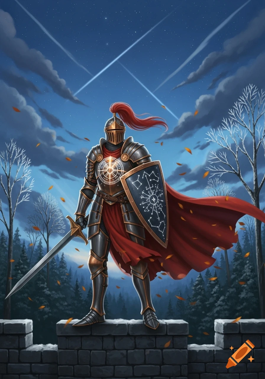 A knight in shining armor with a red cape, holding a sword and a shield with a constellation, stands on a stone wall under a night sky with streaking lights and clouds.