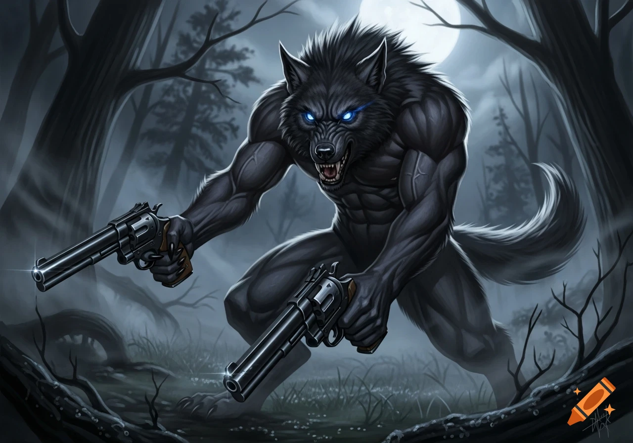 Menacing werewolf with glowing blue eyes holds two revolvers in a dark, misty forest under a full moon.