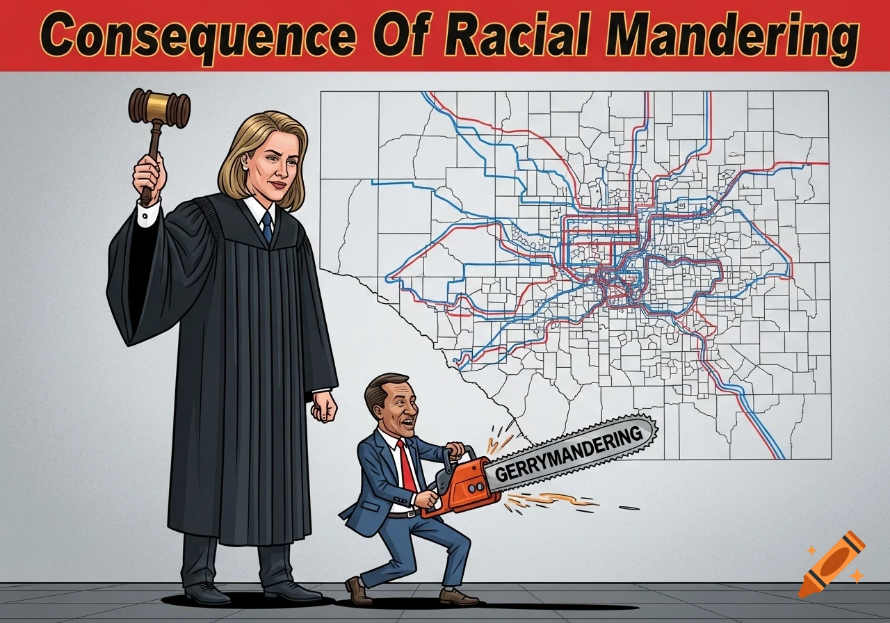A political cartoon depicts a judge holding a gavel above a small man using a chainsaw labeled "GERRYMANDERING" in front of an electoral map. The title reads "Consequence Of Racial Mandering".