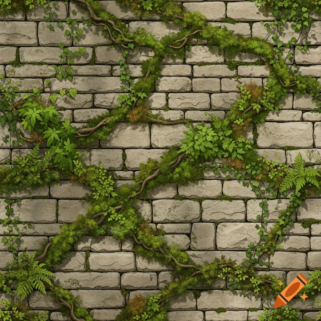 An old beige stone wall covered in green moss and climbing vines, forming a natural, weathered texture.