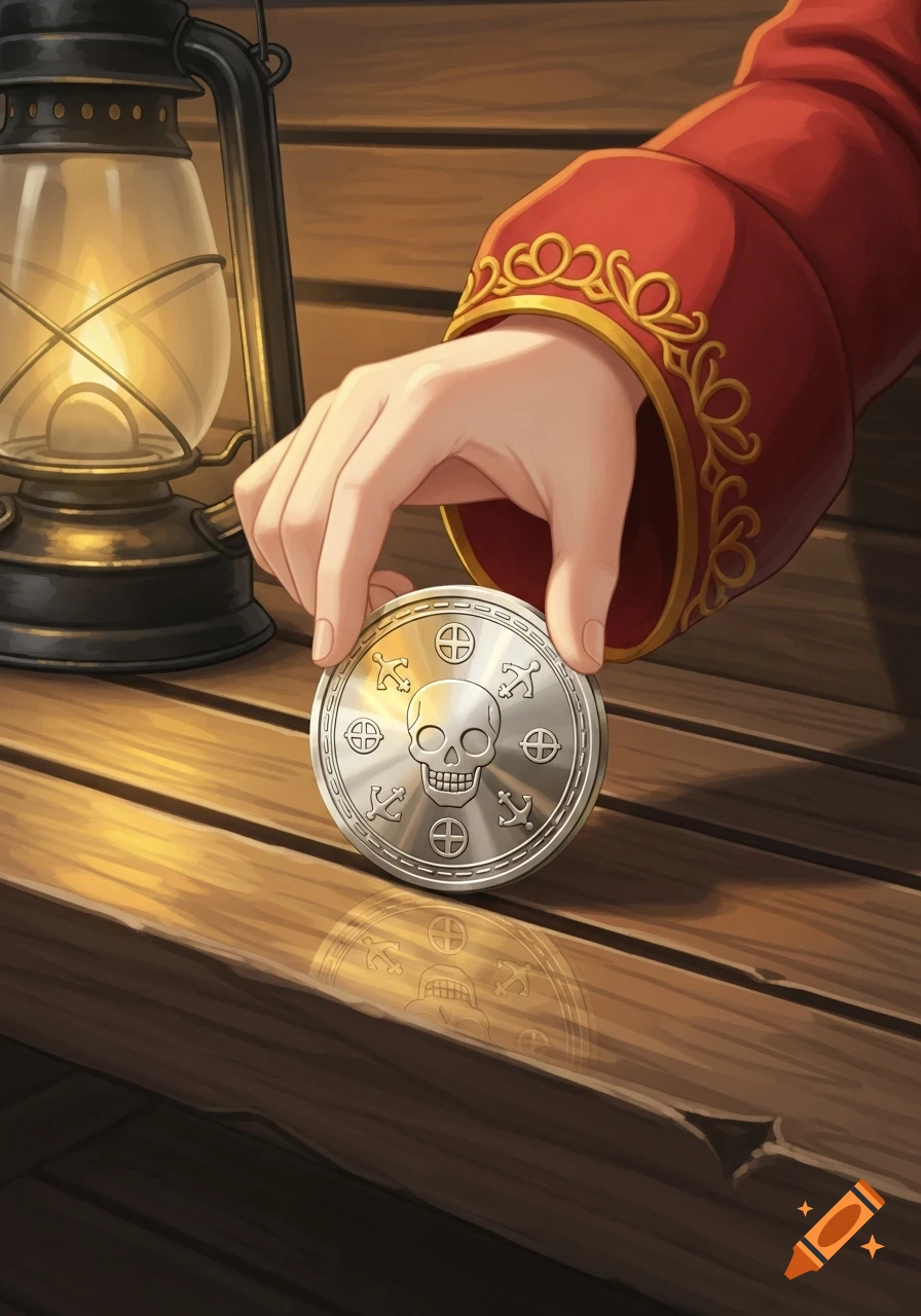 A hand in a red, ornate sleeve holds a silver coin with a skull and nautical symbols on a wooden bench, lit by a lantern, in a Ghibli-inspired painterly style.
