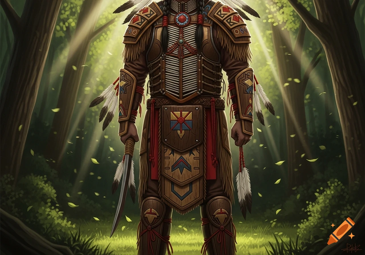 A detailed figure in Iroquois-inspired wooden and leather armor, adorned with feathers and beads, stands in a sun-dappled forest, holding a blade and feather tassels.