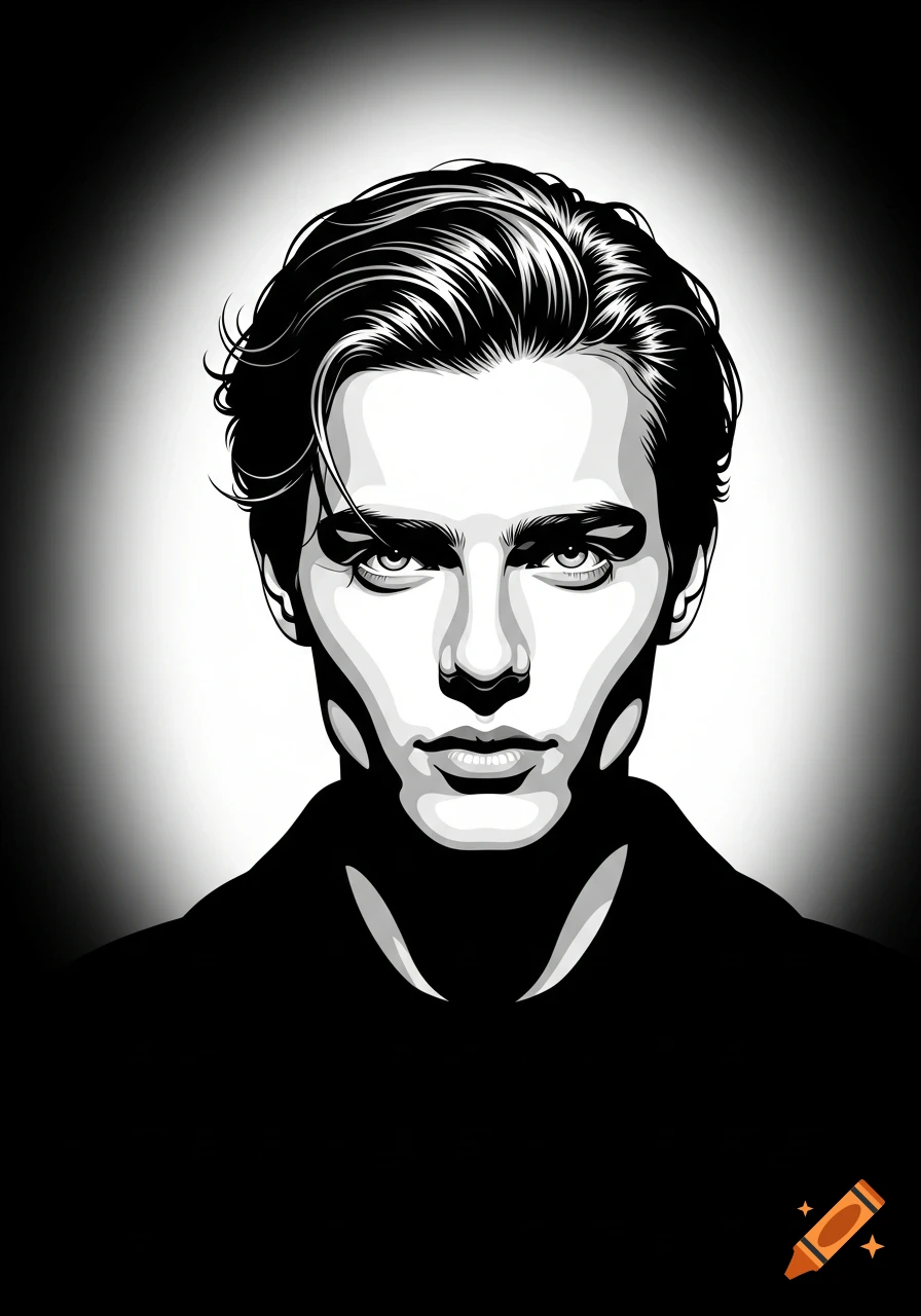 Black and white stylized illustration of a man's face with a neutral expression, against a stark gradient background.