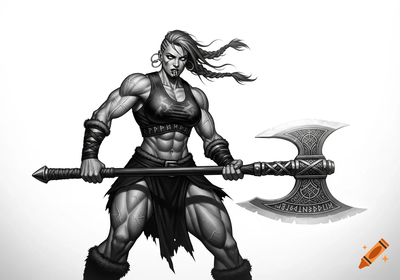 Black and white illustration of a muscular female berserker with a mohawk and braids, holding a large runic greataxe.