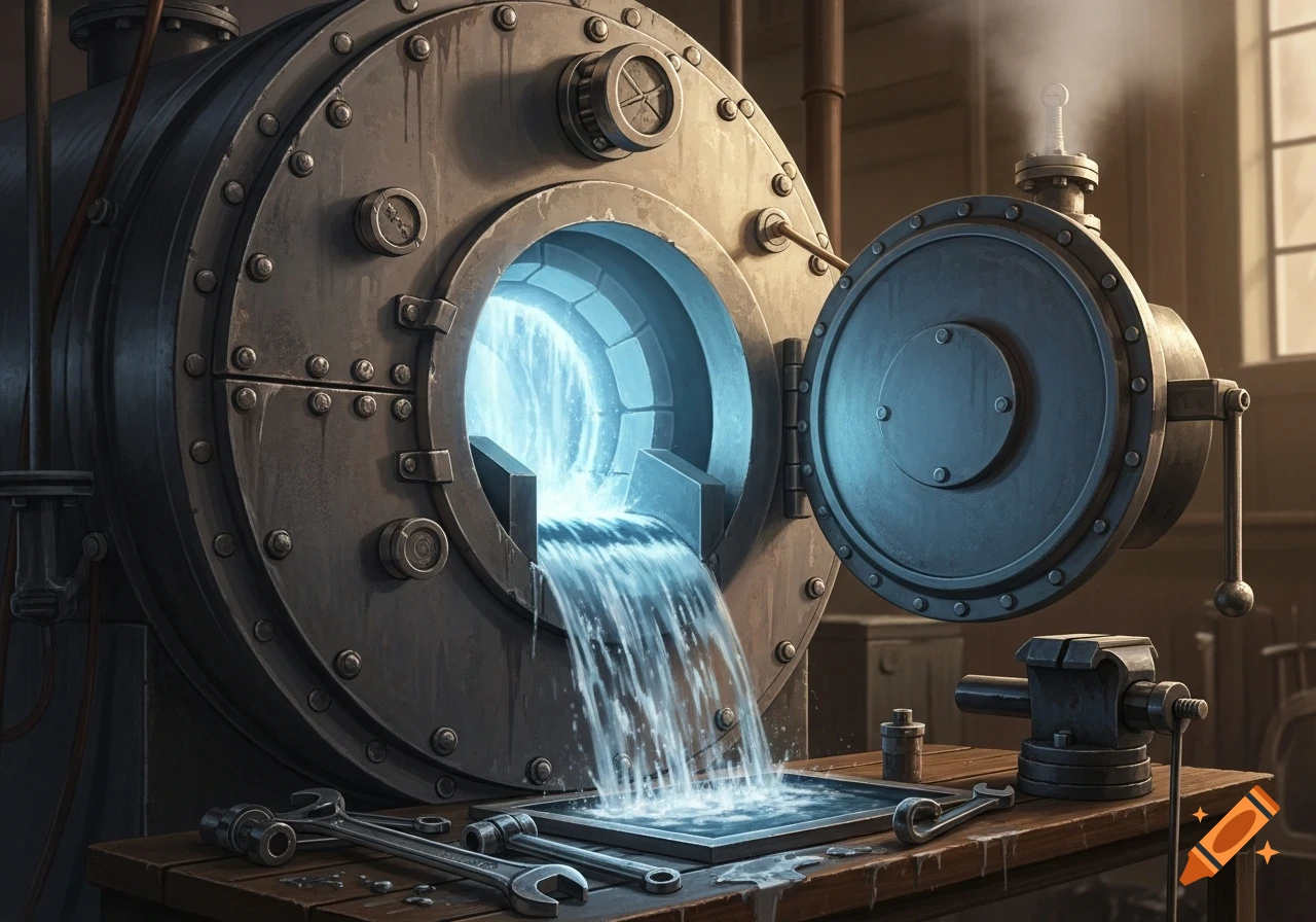 Close-up of a steampunk-style metal boiler with an open door, glowing blue water pouring out onto a wooden workbench.